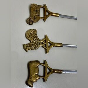 Mid Century Vintage (set of 3) Brass Figural Animal Finial Stainless Skewers